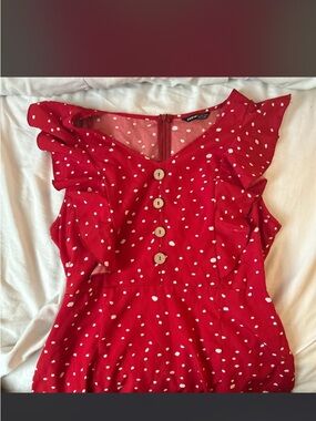 SHEIN Red Polka Dot Ruffle Dress with Wooden Buttons